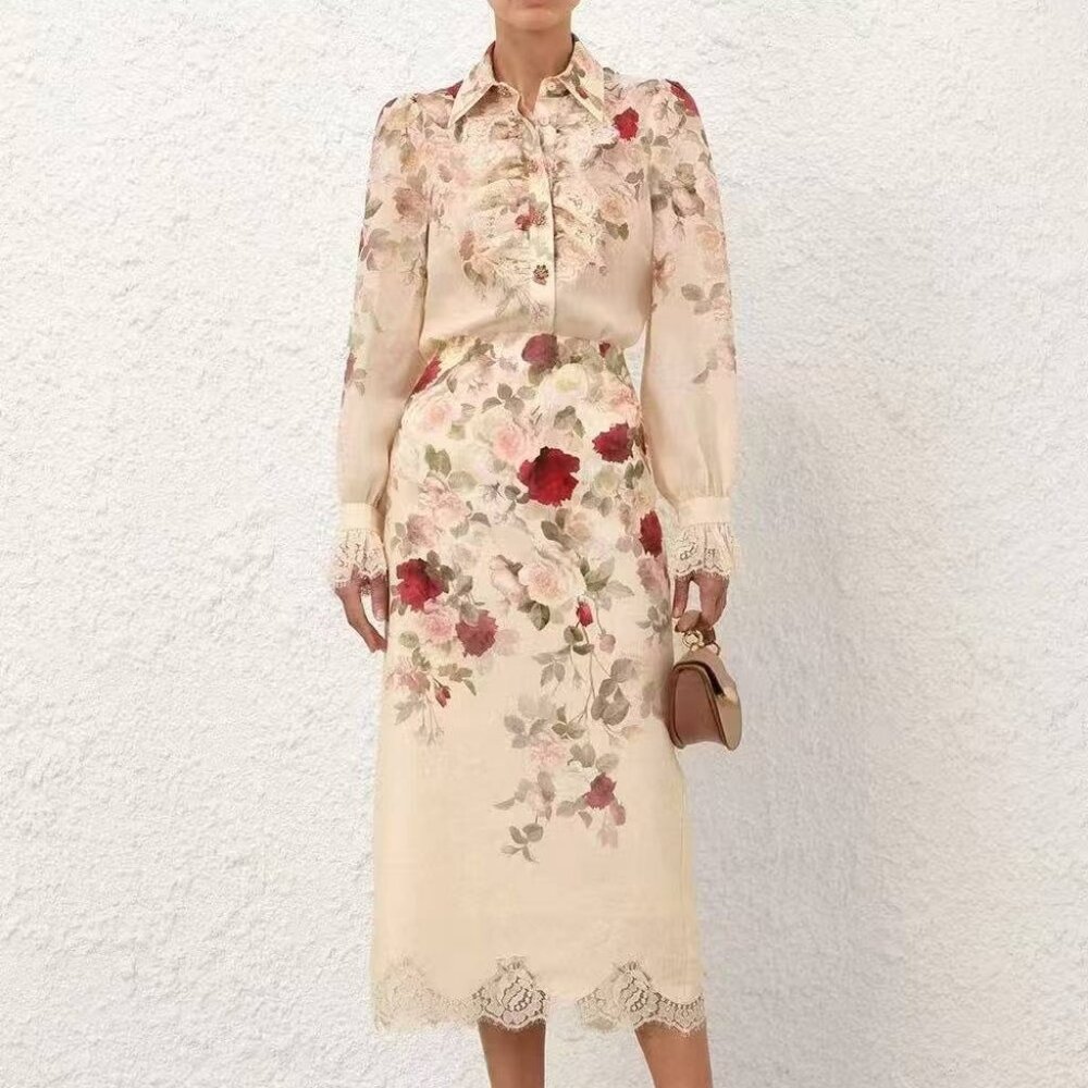 Zimmermann Cream Floral Long Sleeve Midi Dress with Red & Green Accents